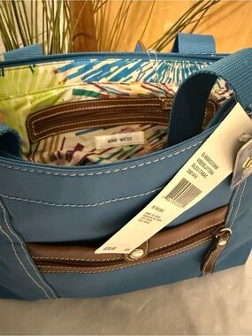 NWT Nine West Blue Nylon Tote Bag Brown Trim Zip Top Colorful Lining $70 Retail